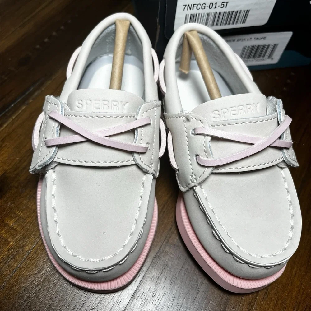 Sperry NIB Authentic Original Girls Leather Boat Shoes Taupe Pink Size Toddler 5